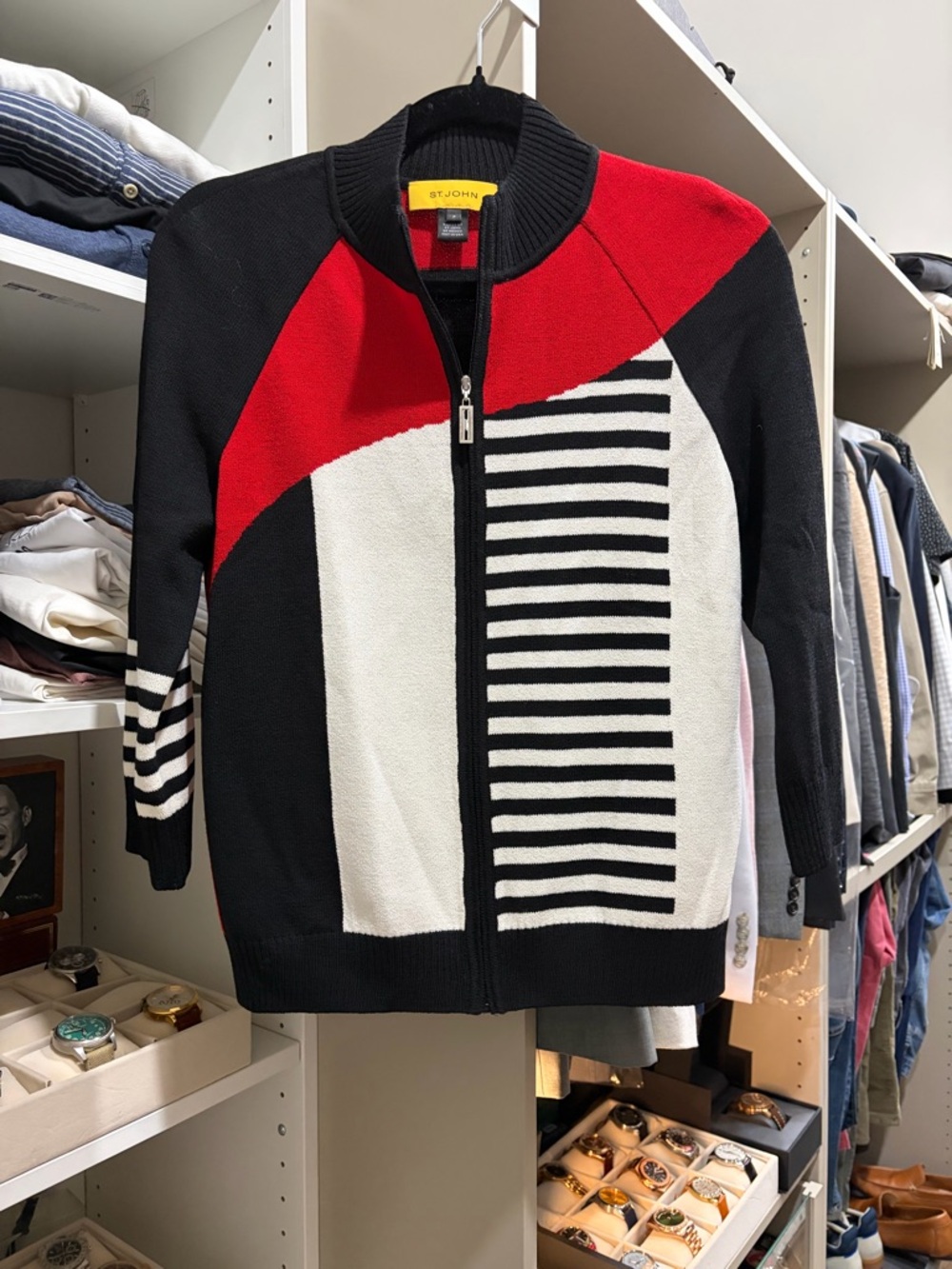 St. John women’s Black, Red & White Zip-Up Colorblock Sweater